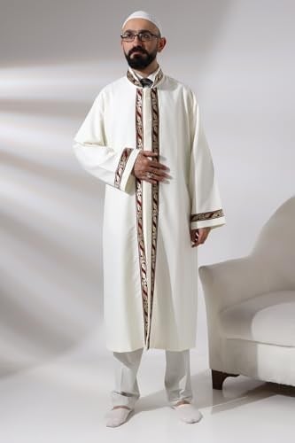 İhvan Online Krem Erkek Namaz Elbisesi Bordo Desen İşlemeli Hakim Yaka İmam Cübbesi Krem 1 1