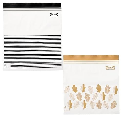 IKEA ISTAD Orta Boy Çift Mühürlü Tekrar Kullanılabilir Gıda Torbaları, 1,2 ve 2,5 Litre, Siyah Çizgili/Sarı Yaprak - 100 Adetlik Set
