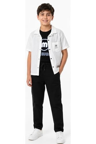 İrem Çocuk Giyim Erkek Çocuk M Design Yazılı Çıtçıt Kapamalı Beyaz Gömlek Tişört Kot Pantolonlu Üçlü Şık Takım,Beyaz 8-9 Yaş