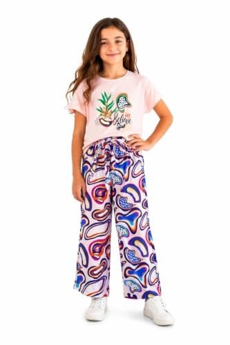 İrem Çocuk Giyim Kız Çocuk Belive Yazı Desenli Kısa(Crop) Tişörtlü Bol Paça Model Pantolon Oversize Pudra Renk Takım,Pudra 11-12 Yaş