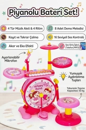 Işıklı Piyanolu Bateri Seti - Mikrofonlu, Tabureli ve MP3 Bağlantılı Çocuk Müzik Eğitim Seti