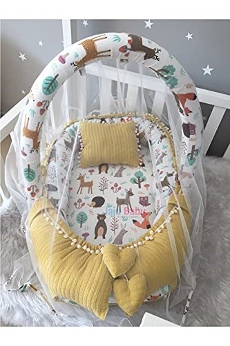 Jaju Baby Sarı Örgü Pike Kumaş ve Orman Müslin Kumaş Ponponlu Babynest Oyuncak Aparat ve Tül Set