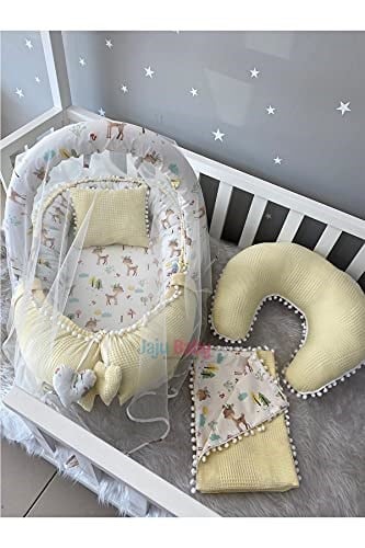 Jaju Baby Sarı Wafle Pike Kumaş Ceylan Tasarım Ponponlu Ponponlu 6 Parça Babynest Set