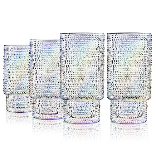 Joeyan Yanardöner İçme Bardakları, Vintage Kabartmalı İstifleme Su Bardakları Romantik, Berrak Hobnail Gökkuşağı Züccaciye Seti, Meyve Suyu İçecekleri için Boncuklu Highball Kahve Çay Kokteyli, 10 oz,