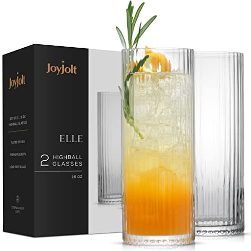 JoyJolt 16oz Yivli Highball Bardakları - Cin, Meyve Suyu, Su için 2 Nervürlü Uzun Kokteyl Bardakları - Seçenekler: Highball Gözlük, Kırmızı Şarap Kadehleri