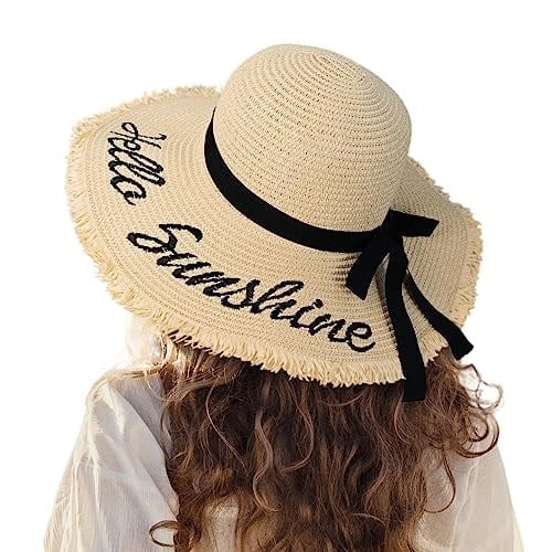 Kadın Hasır Güneş Plaj Şapkası Disket Geniş Kenarlı Katlanabilir Paketlenebilir Seyahat Tropikal Tatil Yaz UV Şapka, Bej/Hello Sunshine, M-XL