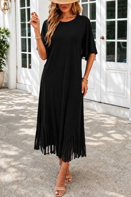 Kadın Kısa Kollu Bisiklet Yakalı Püskül Zikzak şekilli Midi Viskon Elbise - Seçenekler: 2XL-3XL, S-M
