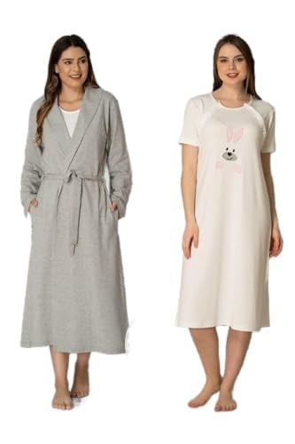 Kadın Pembe Tavşanlı Spor Sabahlıklı Hamile Lohusa Gecelik Takımı, 2XL, HW2071EF-86D0018320386