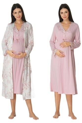 Kadın Pudra Sabahlıklı Hamile Lohusa Gecelik Takım, S, EF8095EF-89C0018315076