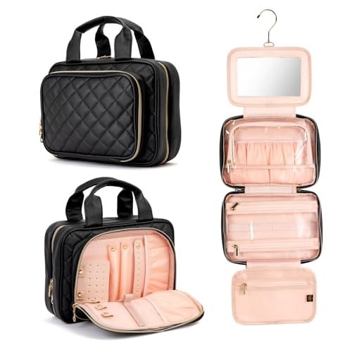 Kadınlar için Deri Seyahat Asılı Tuvalet Çantası, Takı Düzenleyici Bölmeli, Orta Su Geçirmez Asılı Makyaj Aksesuarları, Kozmetik Temelleri, Tuvalet Dopp Kit Seti, Siyah, Raflı Tuvalet