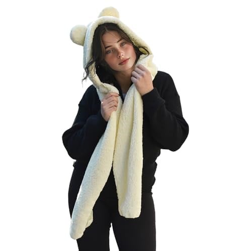 Kapüşonlu Peluş Bere, Pelüş Atkı,Rüzgar Geçirmez Atıkı, Yumuşacık Welsoft Polar Boyunluk Şalı,Pelüş Boyunluk,Ayıcıklı Atkı