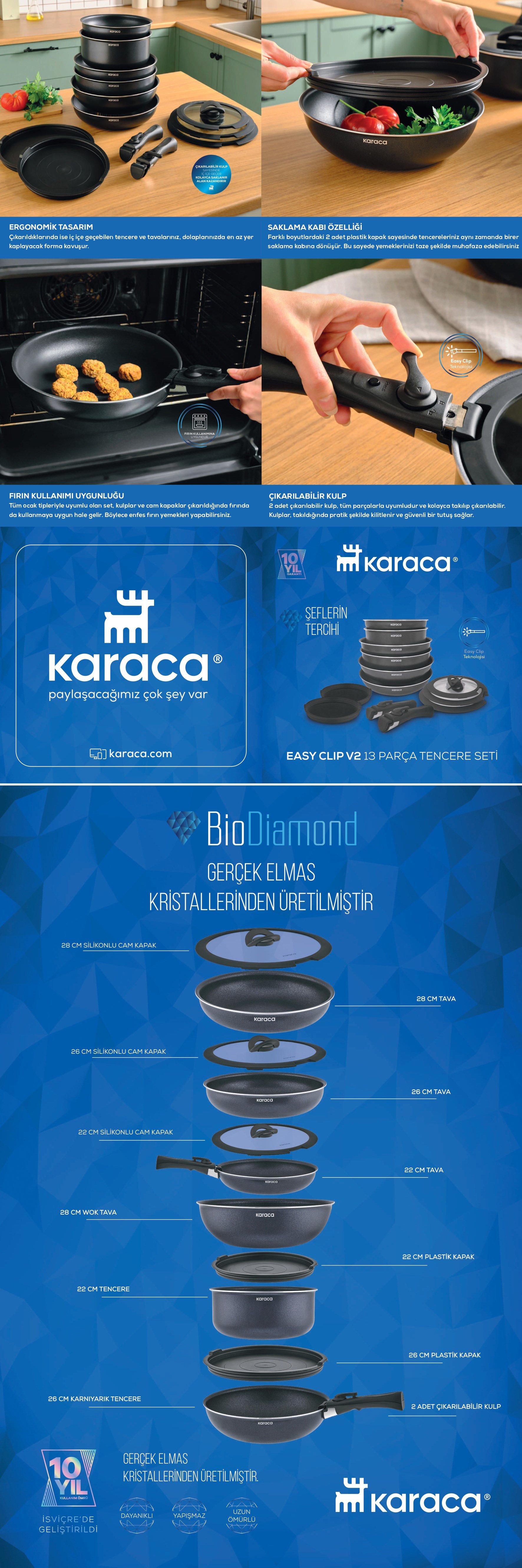 Karaca Biodiamond Easy Clip Çıkarılabilir Saplı 12 Parça Tencere ve Tava Seti