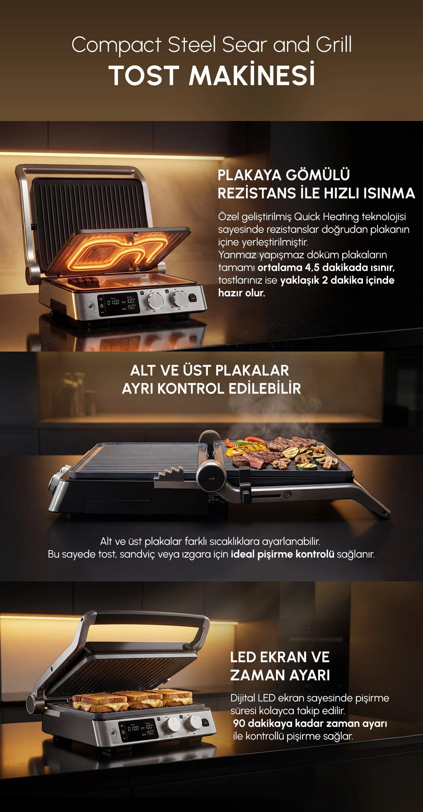 Karaca Compact Steel Sear and Grill Inox 2008 Döküm Izgara ve Tost Makinesi 6 Dilim Kapasiteli
