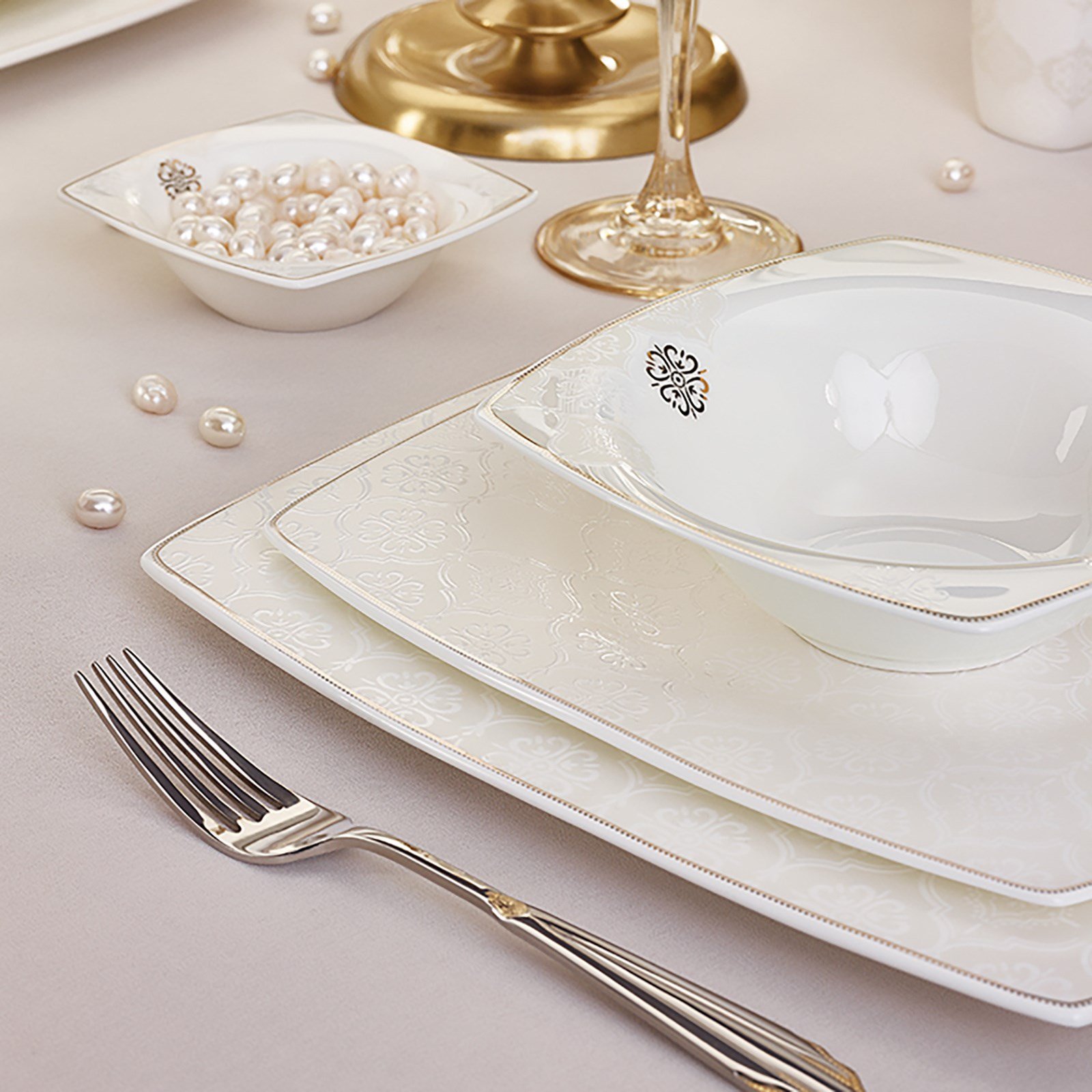 Karaca Fine Pearl Hailey 62 Parça 12 Kişilik Yemek Takımı Gold
