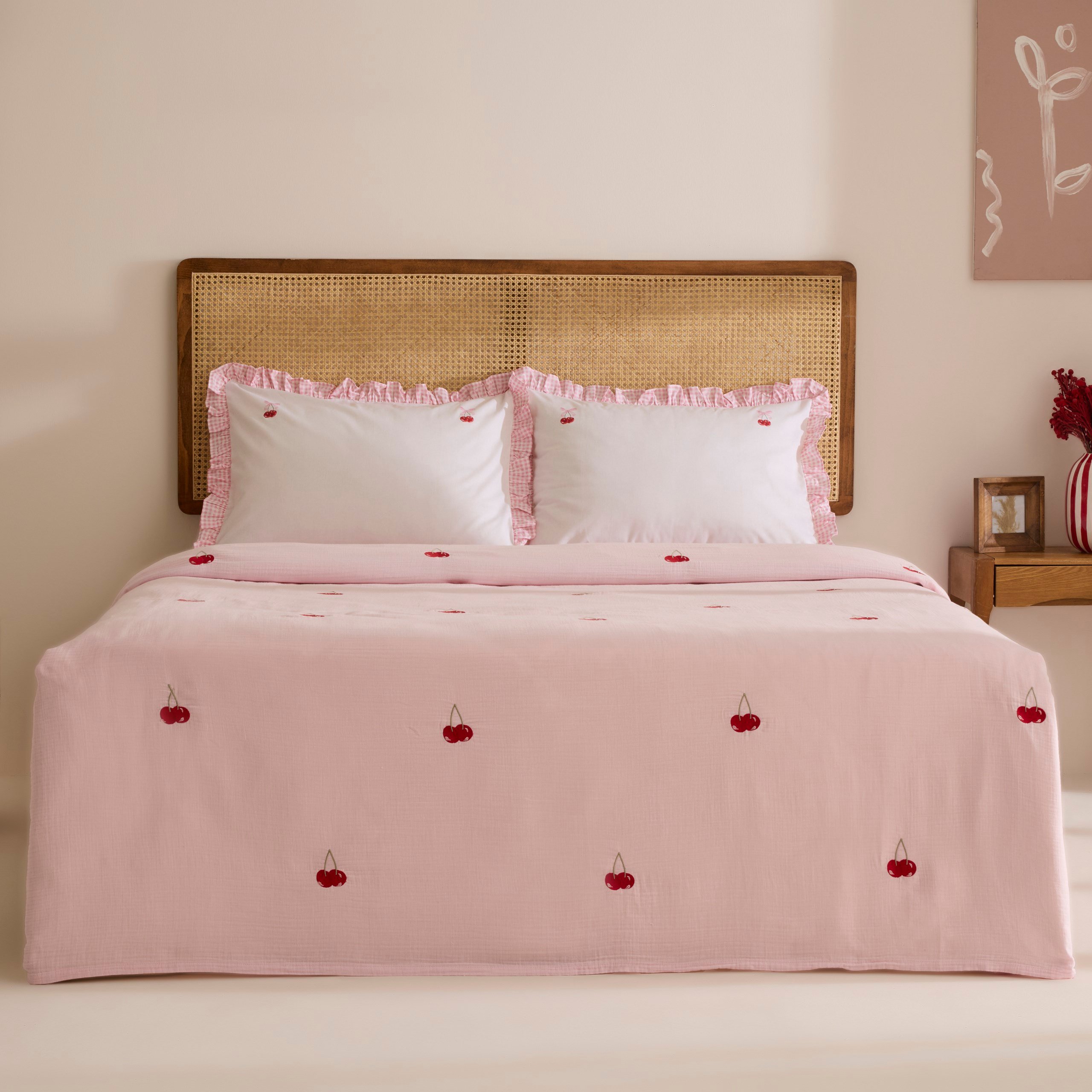 Karaca Home Cherry Grove Çift Kişilik Nakışlı %100 Pamuk Müslin Pike Takımı Pembe