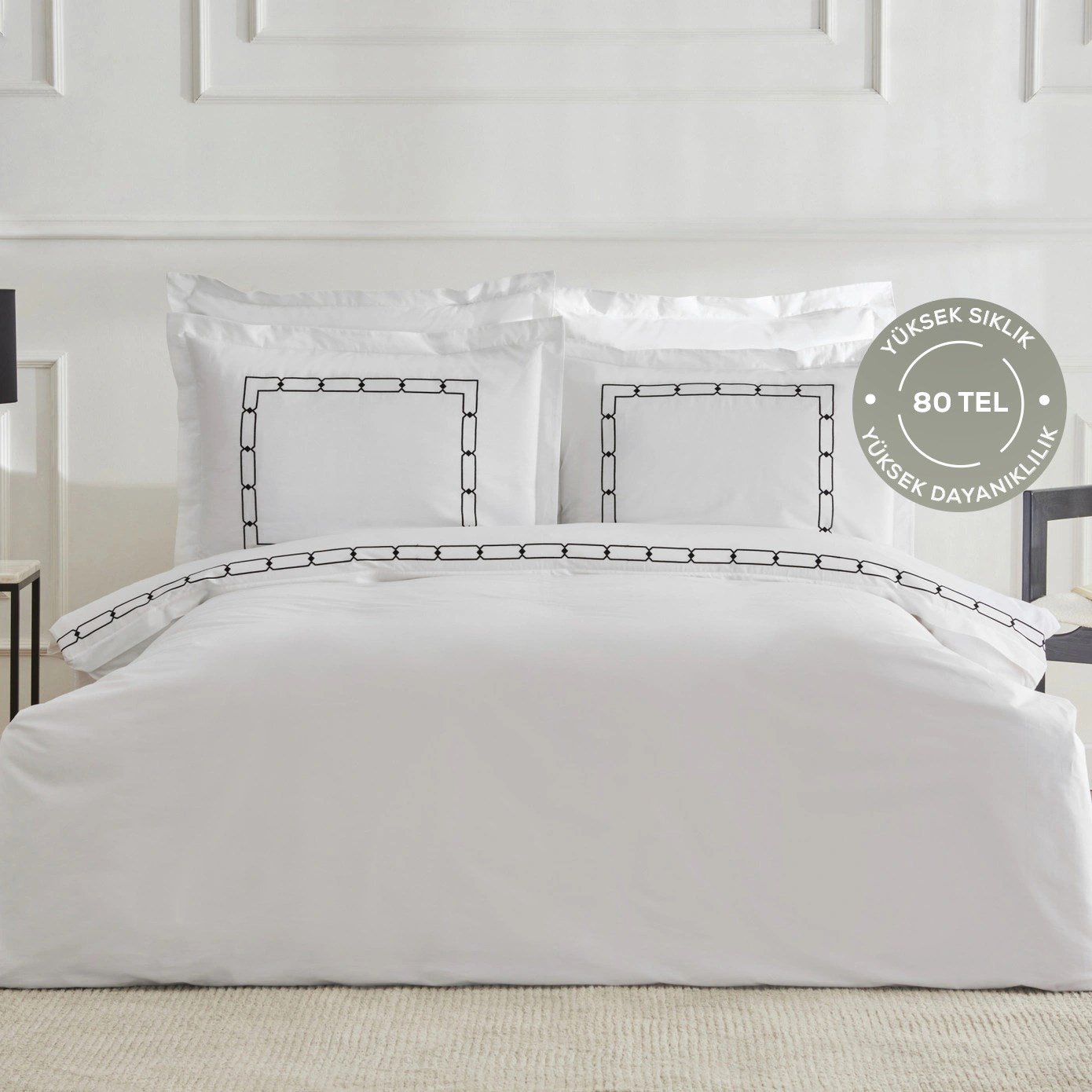 Karaca Home Diane 80 Tel %100 Pamuk Çift Kişilik Percale Nevresim Takımı Nakışlı Beyaz