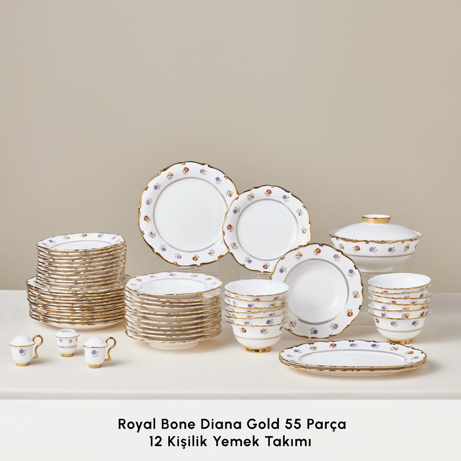 Karaca Royal Bone Diana 55 Parça 12 Kişilik Yemek Takımı Gold