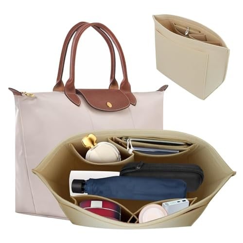 Keçe Çanta Düzenleyici, Longchamp Boy Çantalar için, Çok Cepli ve Büyük Kapasiteli, Kadınlar için Şık Organizer (Bej, Büyük Boy)