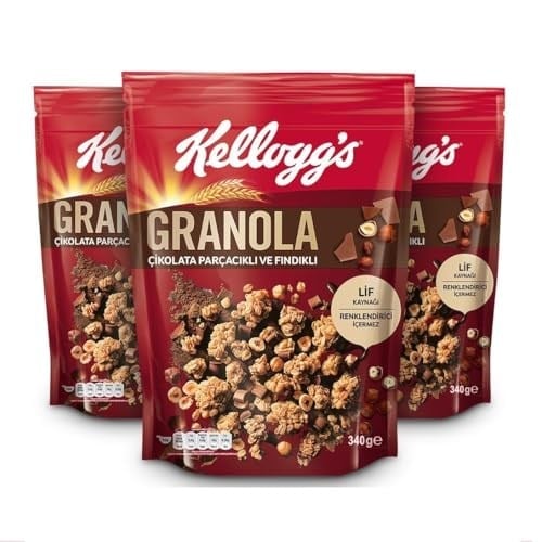 Kellogg's Çikolata Parçacıklı&Fındıklı Granola 340 Gr x 3 Adet,%44 Yulaf içerir,Lif Kaynağı