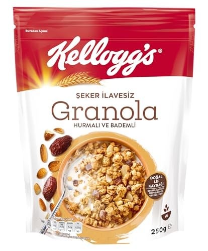 Kellogg's İlave Şekersiz Granola Hurmalı ve Bademli 250 G,%43 Yulaf içerir,Lif Kaynağı,%10 Hurma içerir