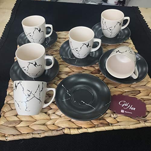 Keramika Kahve Fincan Takımı 12 Parça 6 Kişilik Mermer Desen Mat Siyah Krem Stoneware