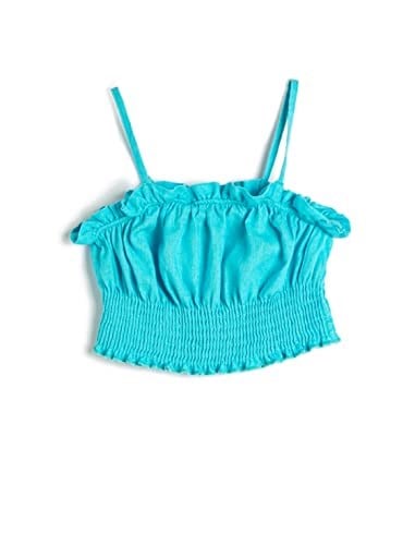 Keten Crop Bluz Askılı Fırfırlı Gipe Detaylı