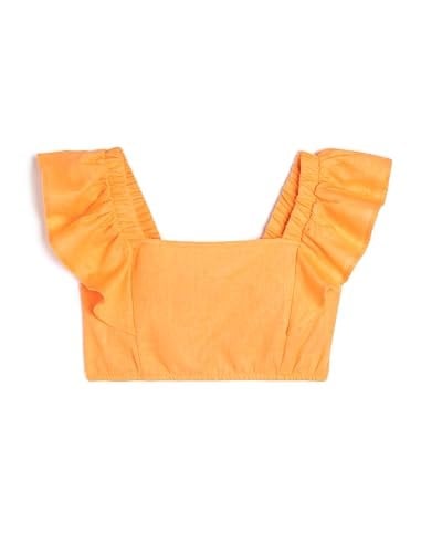 Keten Crop Bluz Kelebek Kollu Kare Yaka