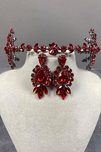 Kırmızı Çift Taraflı Selen Model Kına Gelin Tacı Ve Taşlı Küpe Takımı