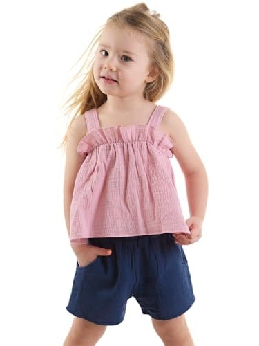 Kız Bebek Çocuk Pembe Müslin Bluz Şort Takım