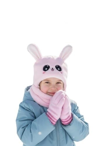 Kız Çocuk Kulaklı Bere Boyunluk Takım – Sevimli Tavşan Desenli Polar Kışlık Şapka & Atkı, 3-9 Yaş