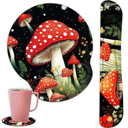 Klavye Bilek Desteği ve Mouse Pad Bilek Destek Seti, Ev Ofis Çalışmaları için Ergonomik Oyun Fare Altlığı Kolay Yazma ve Ağrı Giderici, Sevimli Orman Mantarı