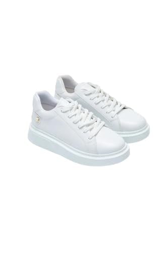 Kotan Kadın Beyaz Bağcıklı Inci Detaylı Kalın Taban Günlük Spor Sneaker Ayakkabı | Yuvarlak Burunlu | Lüks Tasarım | Rahat ve Şık | Dayanıklı | Uzun Süre Şeklini Korur