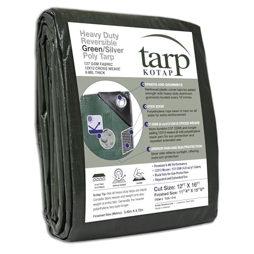 Kotap 12 x 16 Ft. Ağır Hizmet Koruması/Kapsayıcı Tarp, 8 mil, Tersinir, Çok Kullanılabilir, Su Geçirmez, Yeşil-Gümüş, 1'li Paket (TGS- - Seçenekler: Size: 8' X 20', Size: 10' X 10', Size: 10' X 20'...