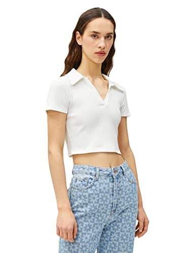 Koton Crop Tişört Polo Yaka Kısa Kollu Dokulu Tişört Kadın
