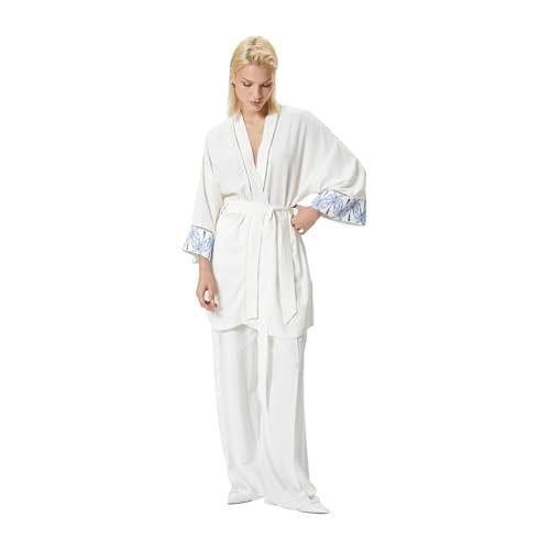 Koton Uzun Oversize Kimono Keten Karışımlı Kemer Detaylı Floral Desen Detaylı