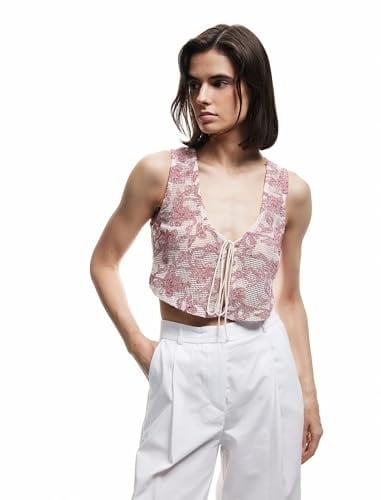 Koton X Melis Ağazat - Slim Fit Pamuklu Önden Bağlama Detaylı Fiyonklu Çiçekli Kroşe Crop Yelek