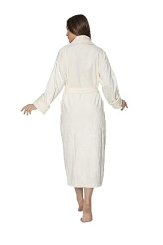 Krem Eteği Kolu Jakarlı Bambo Cotton Bayan Bornozu Krem L/XL