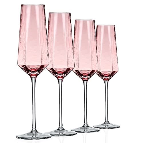 Kristal Şampanya Flüt 236 ml Pembe Düğün Şampanya Kadehleri Şık Şampanya Flüt Zarif 4'lü Set Düğün Yıl Dönümü Noel için (Pembe)