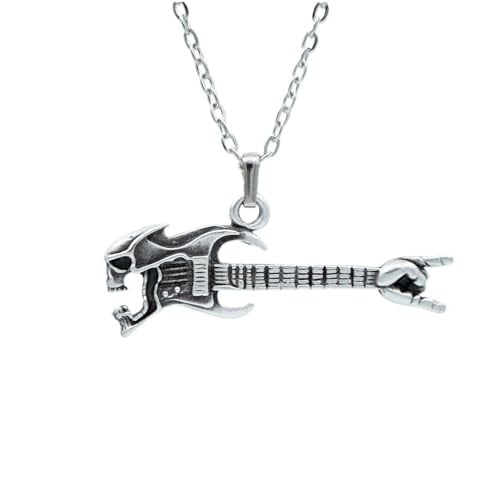 Kuru Kafa Elektro Gitar Erkek Kadın Kolye Antik Gümüş Kaplama - 60 cm Düz Zincir