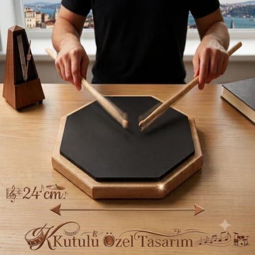 Kutulu Bateri Çalışma Antrenman Pedi - 24 cm Ahşap Tabanlı Sekizgen Bateri Çalışma Pedi, Sessiz Siyah Kauçuk Baget Pratik Pedi