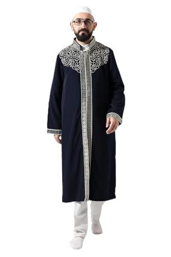 Lacivert Hakim Yaka Erkek Namaz Elbisesi Şerit Nakış İşlemeli İmam Cübbesi