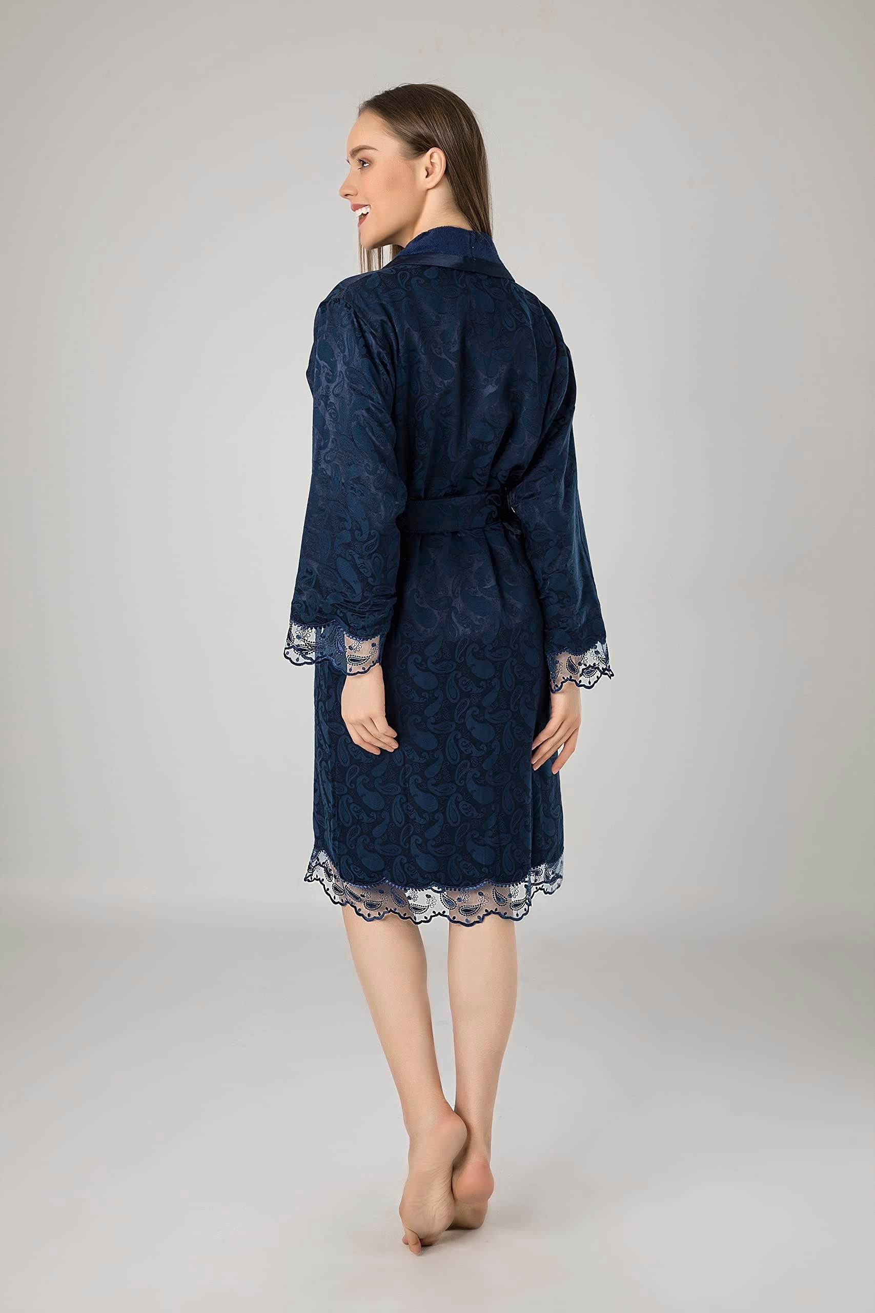 Lacivert Saten Bukle Bambu Cotton Bayan Bornozu Lacivert L/XL