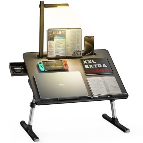 LED Masa Işıklı Dizüstü Bilgisayar Yatak Tepsisi Masası, SAIJI Ayarlanabilir Dizüstü Bilgisayar Standı, XXL PVC Deri Katlanabilir Masa, Kitap Standlı, Bilek Dayanağı, Ekstra Bacak Odası (Siyah)