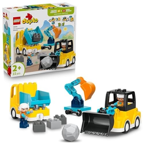 LEGO DUPLO Kasabası 3'ü 1 Arada İnşaat Araçları 10475 | 2 Yaş ve Üzeri Çocuklar için İnşaatçı Figürü İçeren Eğitici Oyuncak Yapım Seti, Hediye Fikri (22 Parça)