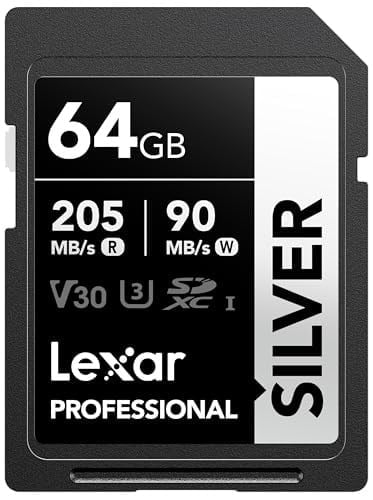 Lexar Profesyonel SILVER SD Kart 64 GB, 205 MB/s'ye Kadar Okuma, 90 MB/s Yazma, SDXC UHS-I Hafıza Kartı, Sınıf 10, U3, V30, Profesyonel Fotoğrafçılar, Videografçılar, Meraklılar için SD Kart