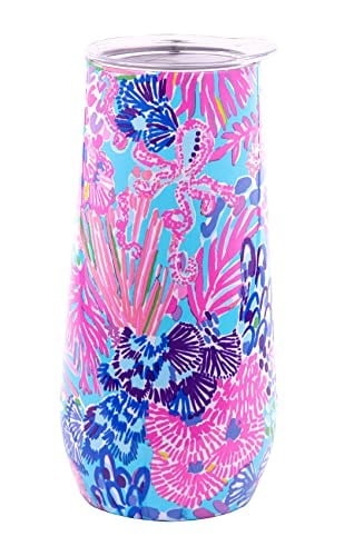 Lilly Pulitzer 10 oz Sapsız Şampanya Flüti, Kapaklı Küçük Paslanmaz Çelik Bardak, Çift Duvarlı Yalıtımlı Metal Kupa, Kumda İhtişam