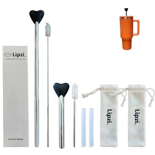 Lipzi - Paslanmaz Çelik Hasır - 40 oz Bardaklar için Uzatılabilir Uzunluk Kırışıklık Önleyici Hasır - Diş Lekesini Serbest Tutmak için Ayarlanabilir Silikon Uç - Fırçalı, Uzantılı ve Kese İçeren Metal