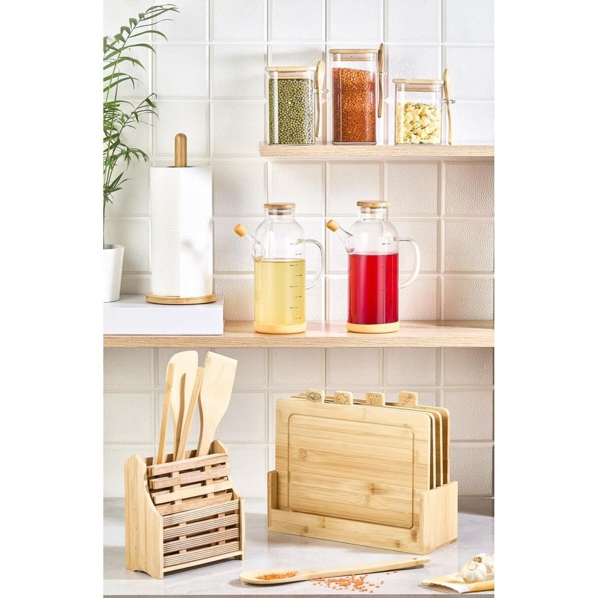 Lora Bianca 20 Parça Tezgah Üstü Bambu Set - Kesme Tahtası, Yağdanlık, Kavanoz, Havluluk, Kaşıklık, Nihale Seti 20 Parça Tezgah Üstü Bambu Set - Kesme Tahtası, Yağdanlık, Kavanoz, Havluluk, Kaşıklık, 