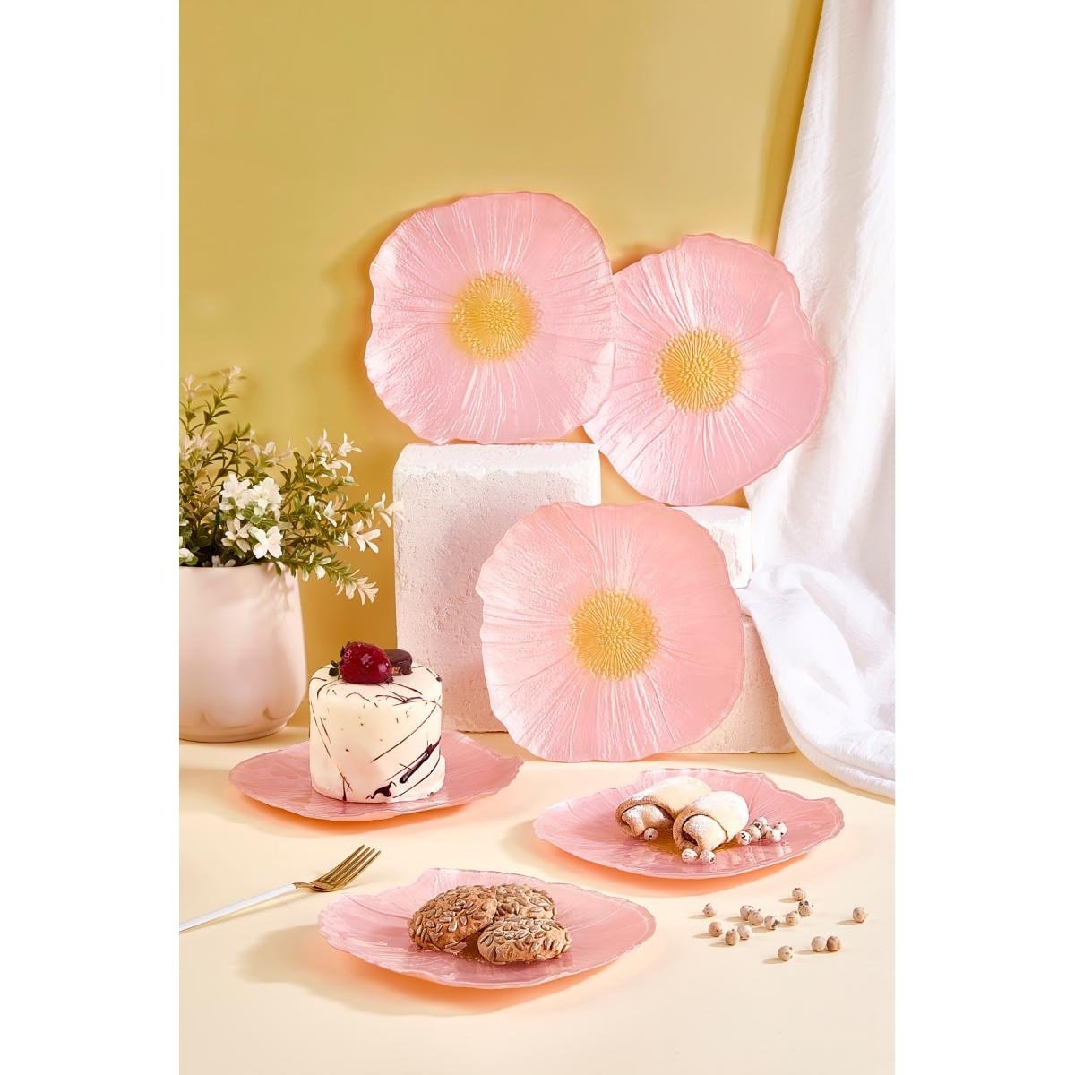 Lora Bianca Alba 21 Cm Pembe Çiçek Desen Pasta Servis Sunum Tabağı Seti