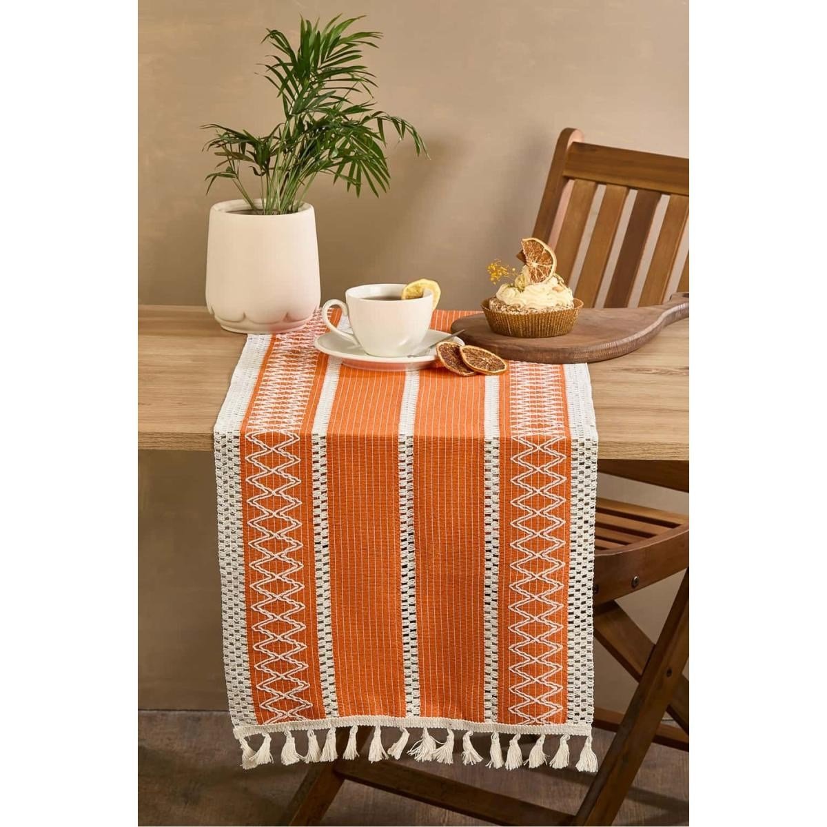 Lora Bianca Rustique Turuncu Pamuk Masa Örtüsü Runner 35x145 Cm Turuncu
